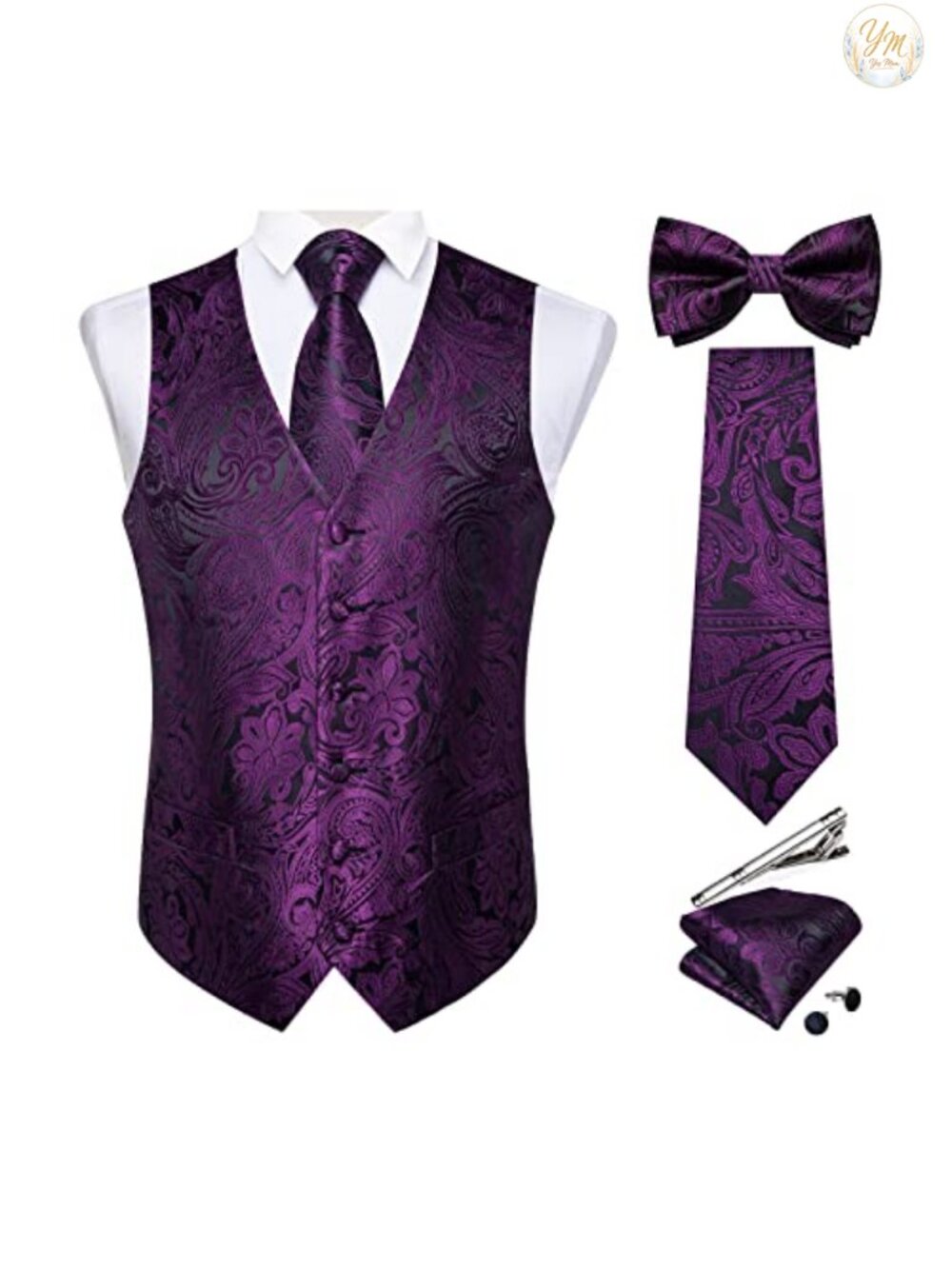Men's Silk Paisley Vest & Tie Set 6PC Pre-Tied Bow Tie Formal Waistcoat